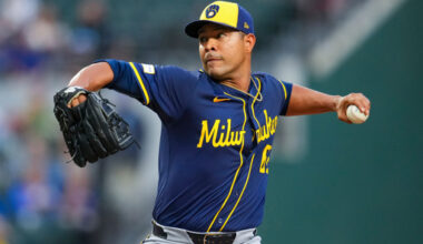 FILE - Milwaukee Brewers starting pitcher Jose Quintana throws against the Texas Rangers during the first inning of a baseball game Sept. 8, 2025, in Arlington, Texas. (AP Photo/Julio Cortez, File)