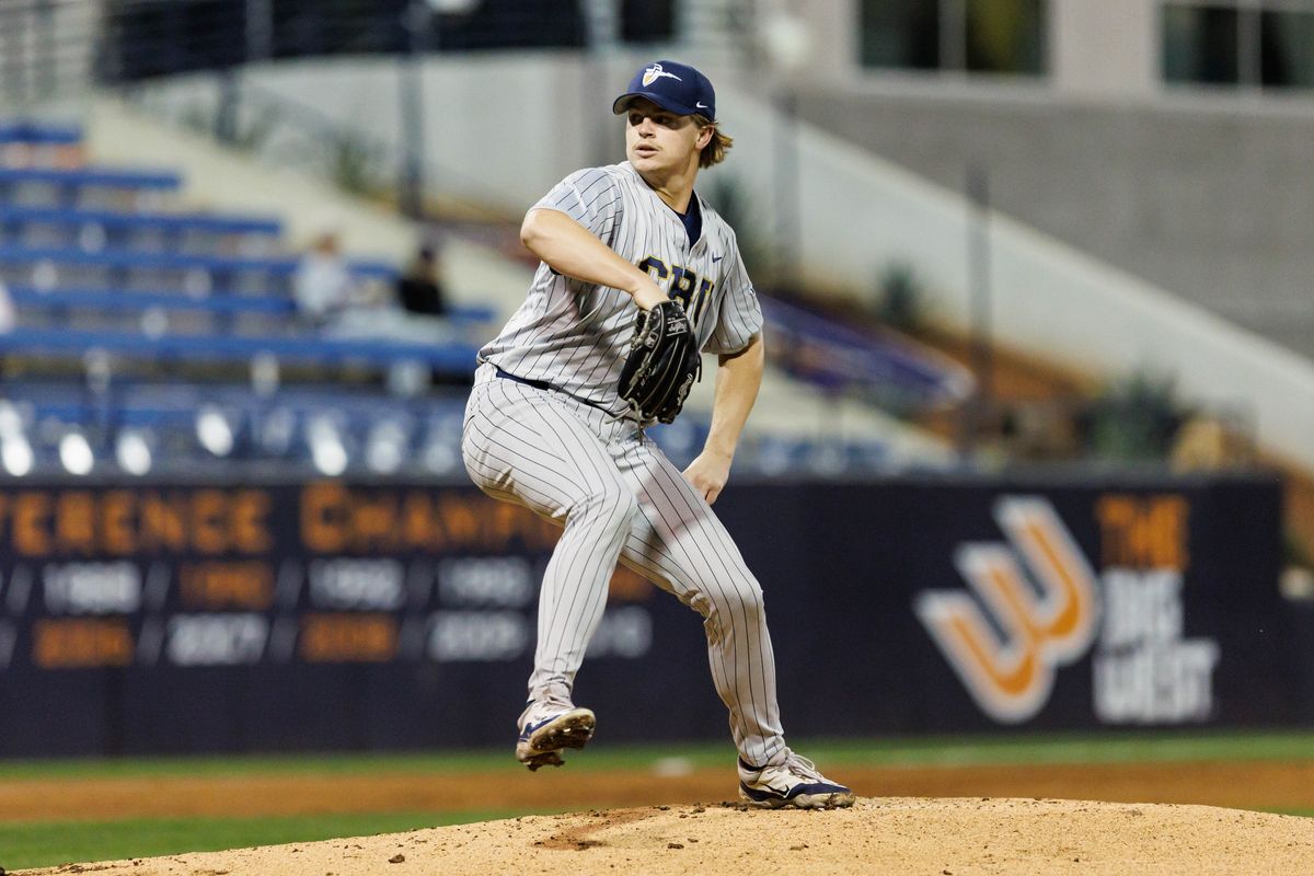CBU Lancers pitcher Cody New (21) pitches during an NCAA Baseball game against the CSUF Titans on February 13, 2026 in Fullerton, California.