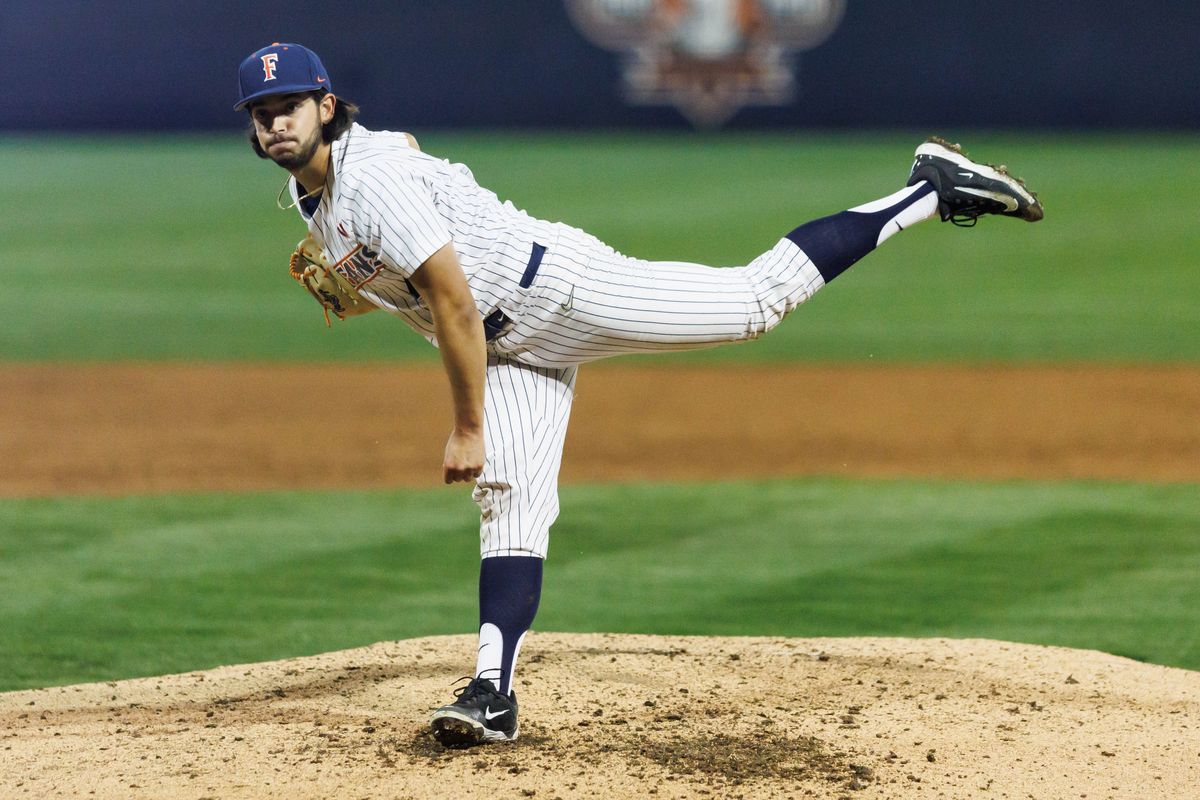 CSUF Titans pitcher Mikiah Negrete (4) pitches during an NCAA Baseball game against the CBU Lancers on February 13, 2026 in Fullerton, California. CSUF Titans pitcher Mikiah Negrete (4) pitches during an NCAA Baseball game against the CBU Lancers on February 13, 2026 in Fullerton, California.