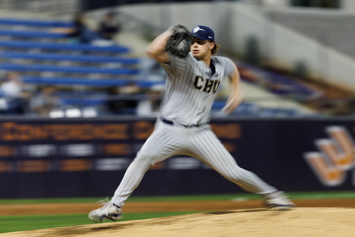 CBU Lancers pitcher Cody New (21) pitches during an NCAA Baseball game against the CSUF Titans on February 13, 2026 in Fullerton, California.
