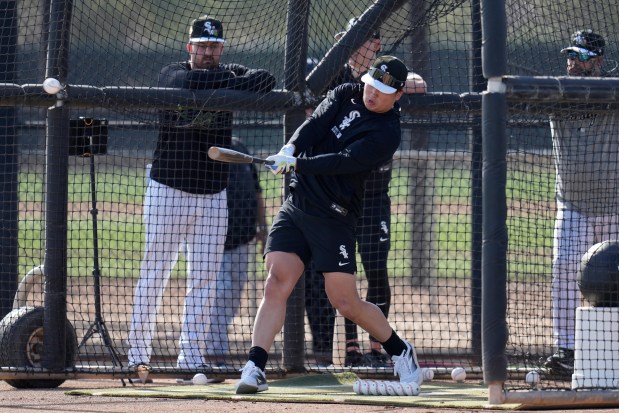 White Sox infielder Munetaka Murakami takes a swing during batting practice at spring training Tuesday, Feb. 10, 2026, in Glendale, Ariz. (AP Photo/Ross D. Franklin)
