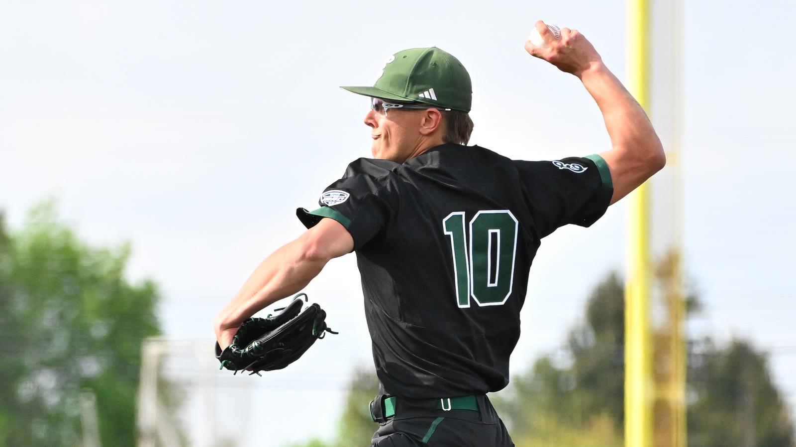 Michael Pfeiffer pitches at the 2025 MAC Baseball Tournament