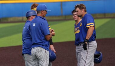 South Dakota State pitcher Drew McDowell fires a pitch home during exhibition action in the fall of 2025.