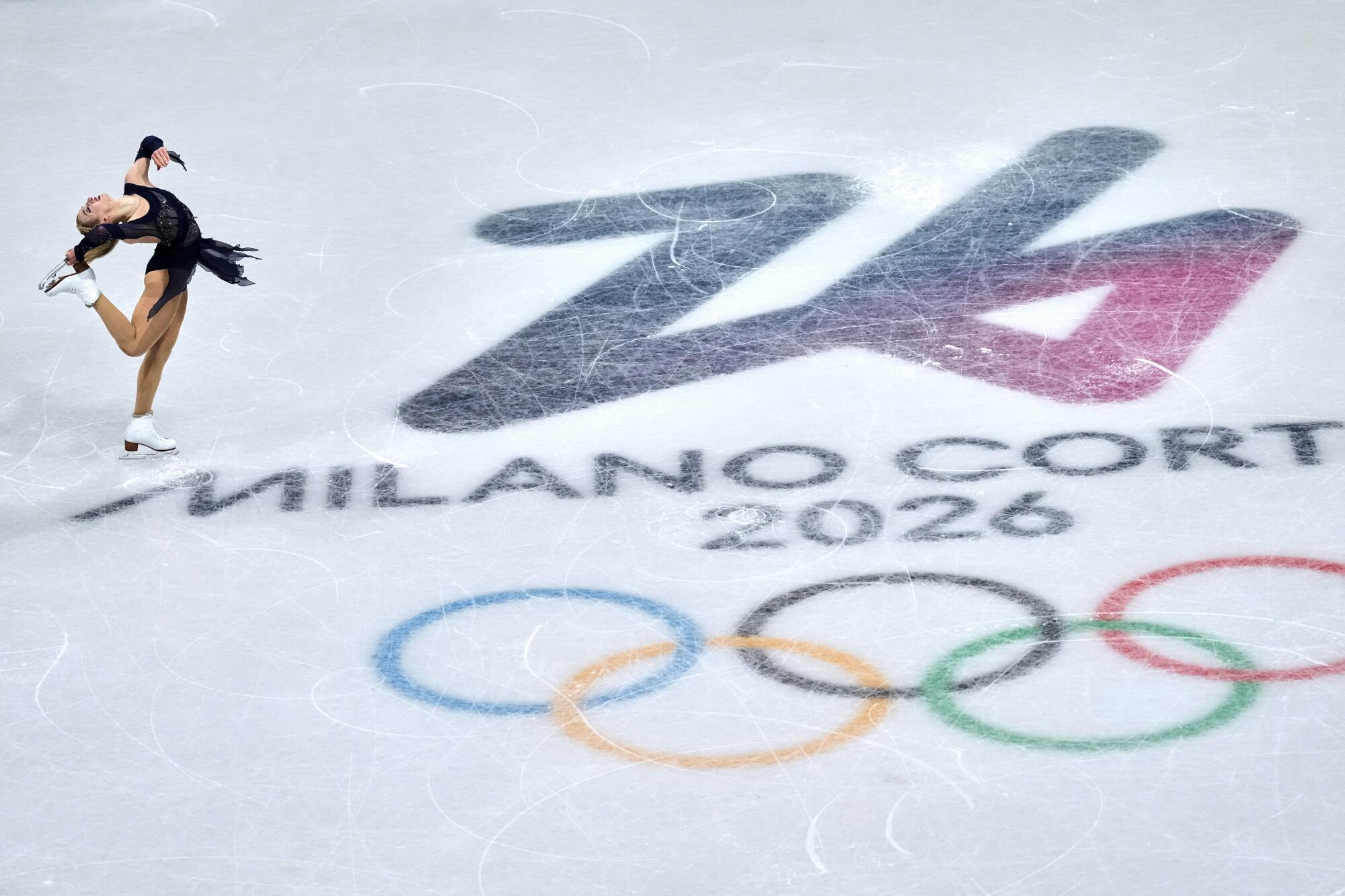 American Amber Glenn competes during the team skate at the Winter Olympics in Milan on Feb. 8.