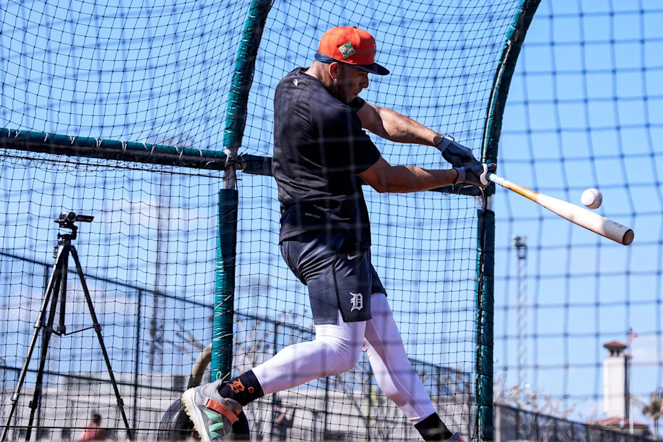 Detroit Tigers outfielder Trei Cruz bats at practices during spring training at TigerTown in Lakeland, Fla. on Saturday, Feb. 14, 2026.