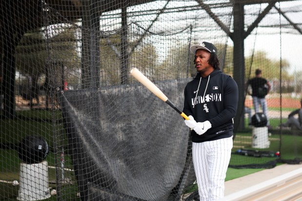 White Sox player Luisangel Acuña stands outside the batting cages during spring training at Camelback Ranch on Monday, Feb. 16, 2026, in Glendale, Ariz. (Eileen T. Meslar/Chicago Tribune)