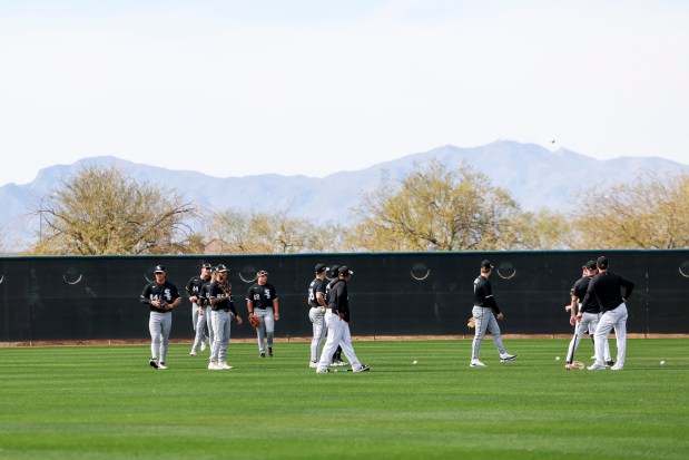 White Sox minor-league players practice during spring training at Camelback Ranch on Sunday, Feb. 15, 2026, in Glendale, Ariz. (Eileen T. Meslar/Chicago Tribune)