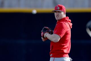 Tempe, AZ - February 17, 2026: Los Angeles Angels right fielder Mike Trout (27) at Angels spring training in Diablo Stadium, Tempe, AZ on February 17, 2026. (Ronaldo Bolanos / Los Angeles Times)