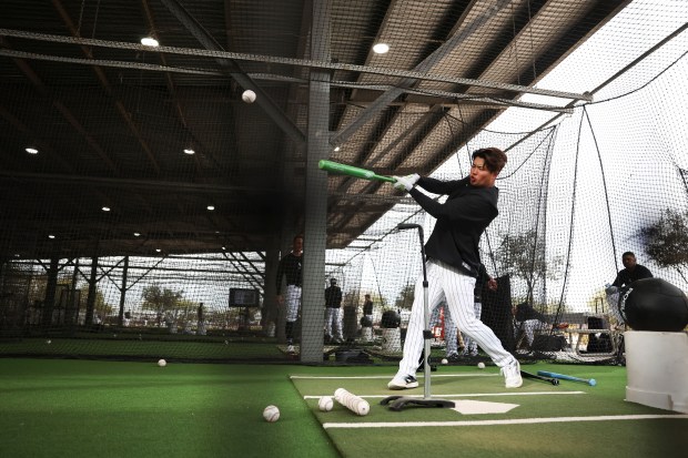 White Sox infielder Munetaka Murakami takes batting practice during spring training at Camelback Ranch on Monday, Feb. 16, 2026, in Glendale, Ariz. (Eileen T. Meslar/Chicago Tribune)