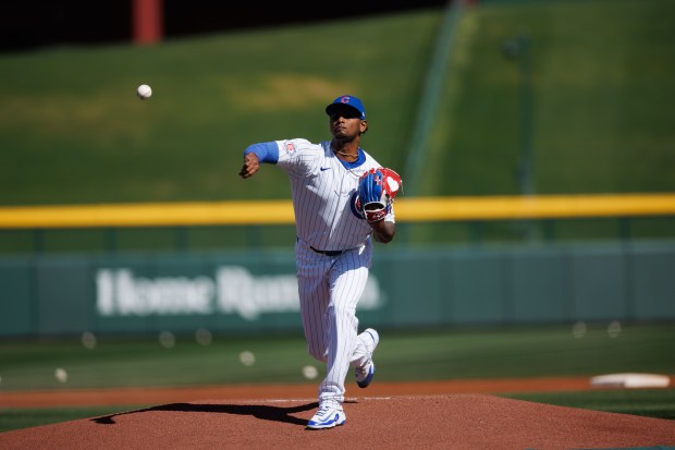 Pitcher Edward Cabrera throws during live batting practice at spring training at Sloan Park on Tuesday, Feb. 17, 2026, in Mesa, Ariz. (Armando L. Sanchez/Chicago Tribune)