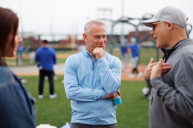 President Jed Hoyer stands near a practice field during the first day of the Cubs full-squad workout at spring training at Sloan Park on Feb. 16, 2026, in Mesa, Ariz. (Armando L. Sanchez/Chicago Tribune)