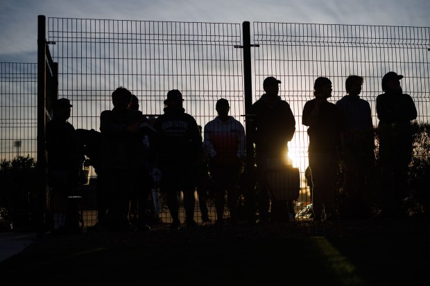 Fans wait for autographs from players before the Cubs first full-squad workout during spring training at Sloan Park on Feb. 16, 2026, in Mesa, Ariz. (Armando L. Sanchez/Chicago Tribune)
