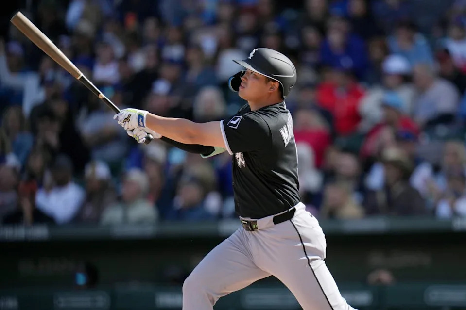 Chicago White Sox’s Munetaka Murakami, of Japan, watches the flight of his two-run double against the Chicago Cubs during the fourth inning of a spring training baseball game Friday, Feb. 20, 2026, in Mesa, Ariz. AP