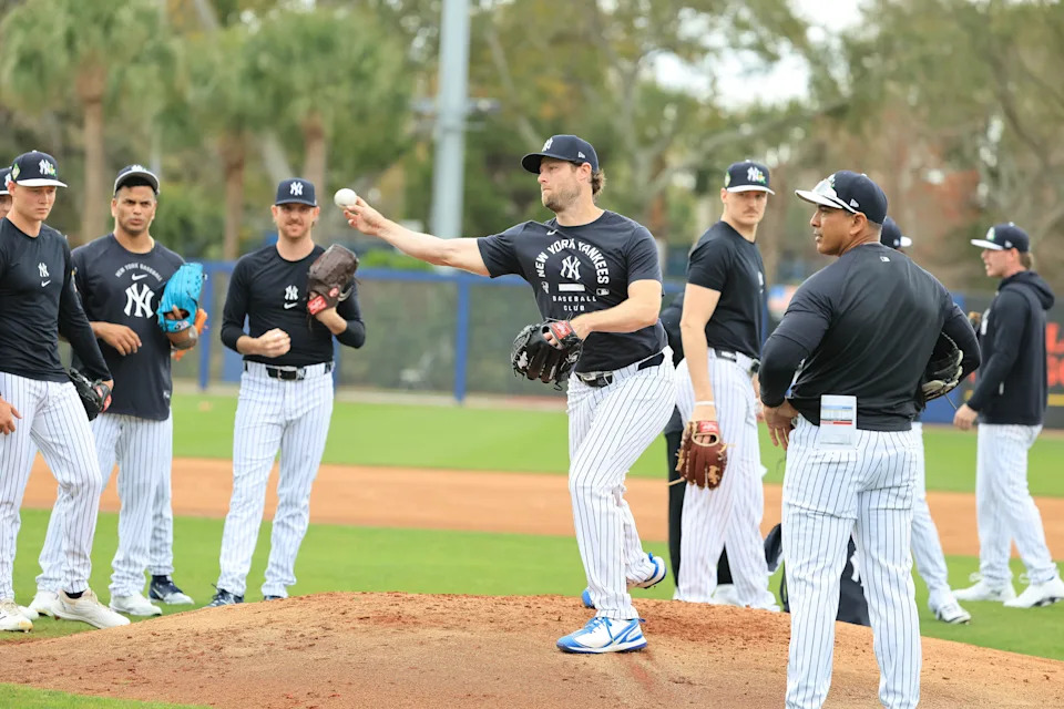 Feb 12, 2026; Tampa, FL, USA; New York Yankees pitcher Gerrit Cole (45) works out during spring training workouts at George M. Steinbrenner Field. Mandatory Credit: Kim Klement Neitzel-Imagn Images