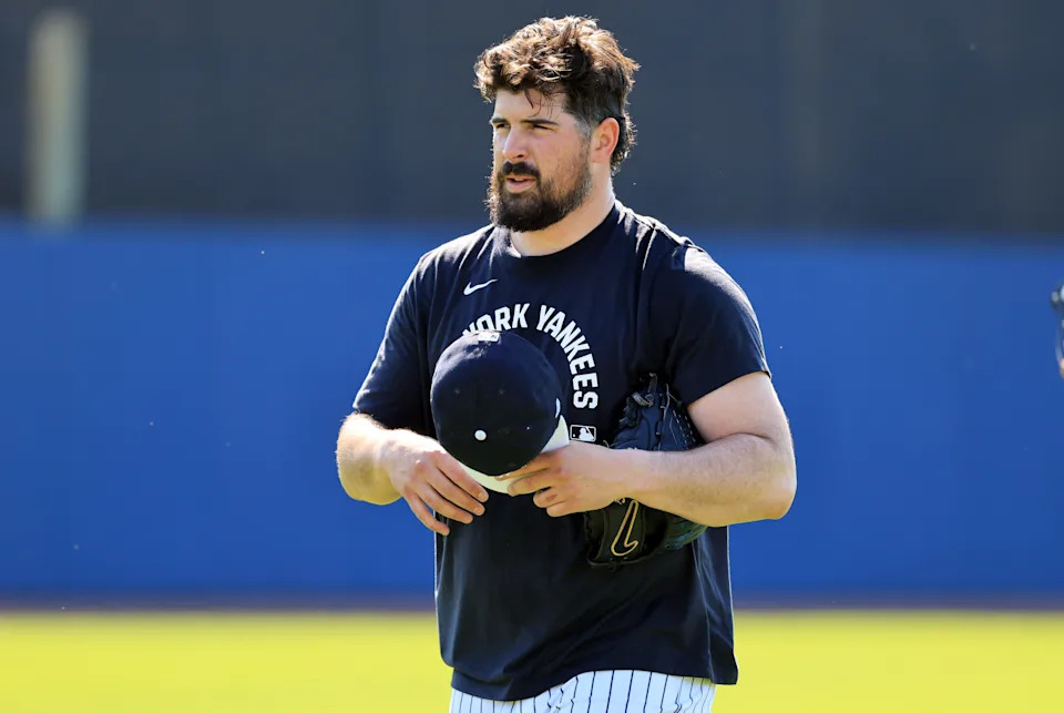 Feb 13, 2026; Tampa, FL, USA; New York Yankees pitcher Carlos Rodon (55) works out during spring training practices at George M. Steinbrenner Field. Mandatory Credit: Kim Klement Neitzel-Imagn Images