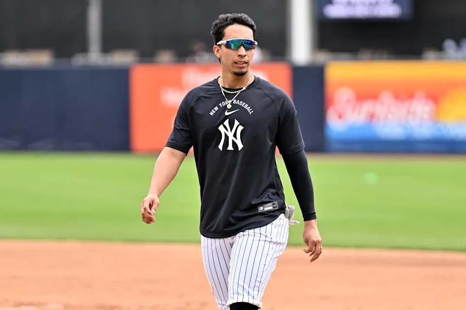 Feb 16, 2026; Tampa, FL, USA; New York Yankees outfielder Oswaldo Cabrera (95) prepares for a drill during spring training at George M. Steinbrenner Field. Mandatory Credit: Jonathan Dyer-Imagn Images