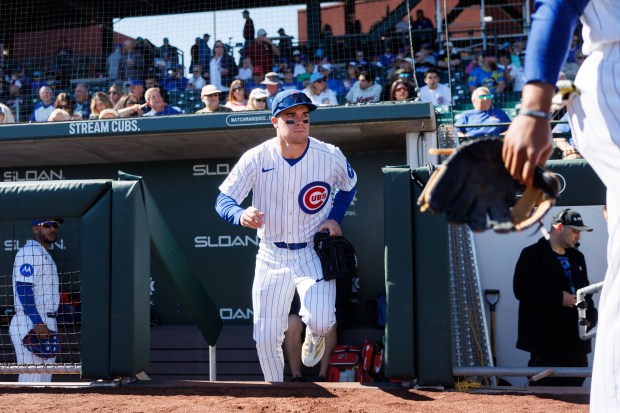 Matt Shaw steps onto the field before the Cubs play the Rangers in a Cactus League game at Sloan Park on Saturday, Feb. 21, 2026, in Mesa, Ariz. (Armando L. Sanchez/Chicago Tribune)