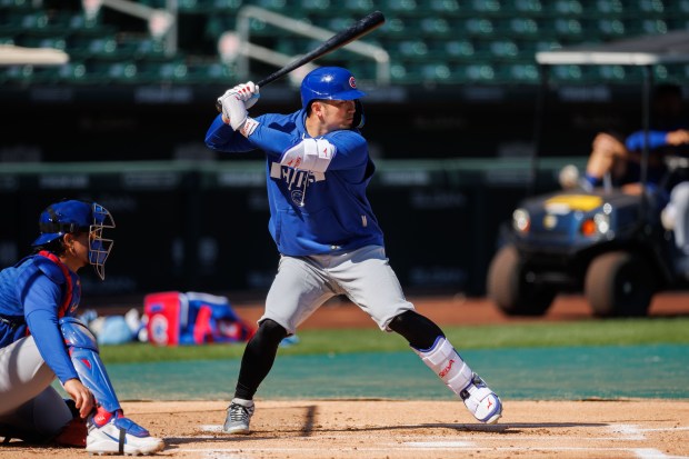 Cubs right fielder Seiya Suzuki stands at the plate during live batting practice at spring training at Sloan Park on Feb. 19, 2026, in Mesa, Ariz. (Armando L. Sanchez/Chicago Tribune)