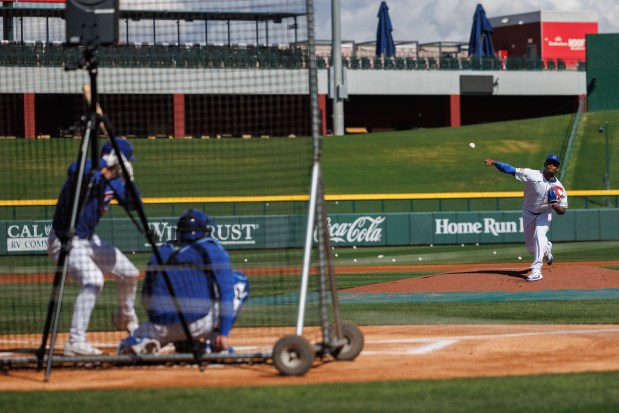 Edward Cabrera pitches to Alex Bregman during live batting practice at spring training at Sloan Park on Tuesday, Feb. 17, 2026, in Mesa, Ariz. (Armando L. Sanchez/Chicago Tribune)