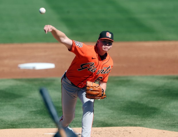 San Francisco Giants pitcher Hayden Birdsong #60 delivers a pitch during the spring training game against the Seattle Mariners at Peoria Sports Complex on February 21, 2026 in Peoria, Arizona.(John Medina Special to the Mercury News)