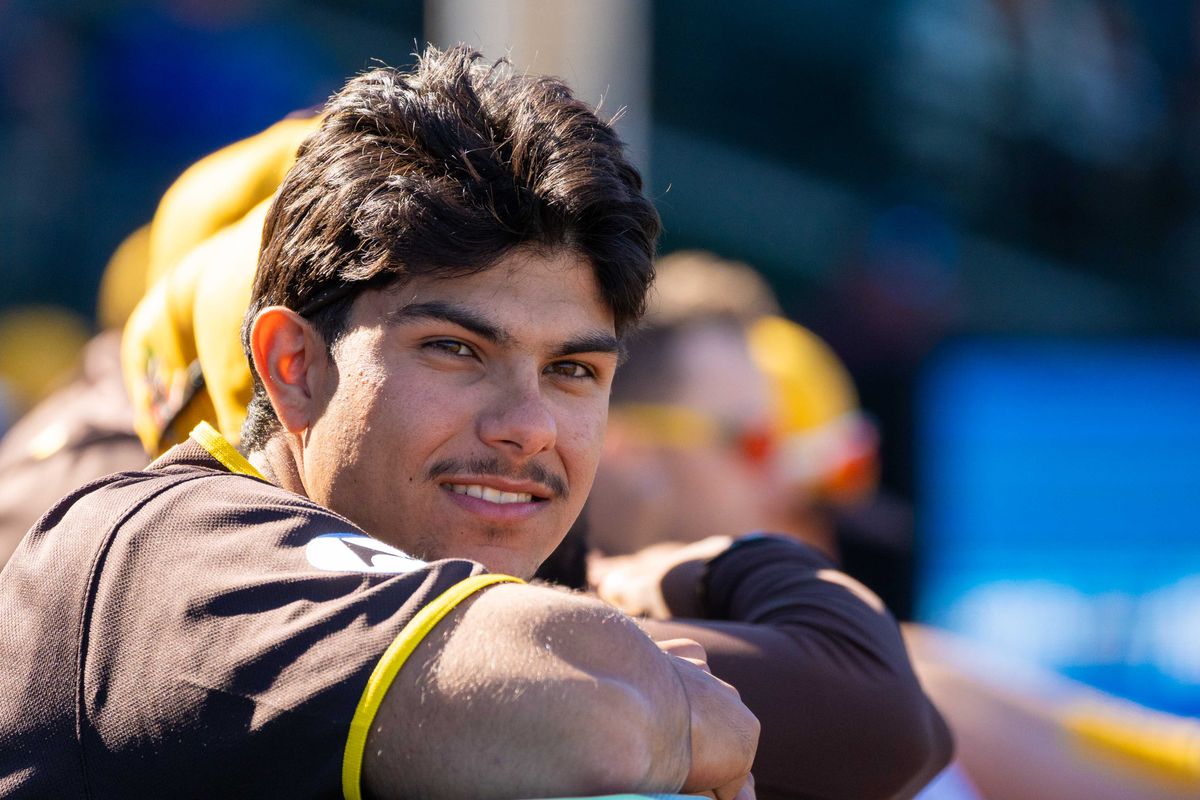 San Diego Padres catcher Ethan Salas (90) looks on during an MLB Spring Training game between the San Diego Padres and the Kansas City Royals, Saturday February 21, 2026 at Surprise Stadium in Surprise, AZ. San Diego Padres catcher Ethan Salas (90) looks on during an MLB Spring Training game between the San Diego Padres and the Kansas City Royals, Saturday February 21, 2026 at Surprise Stadium in Surprise, AZ.