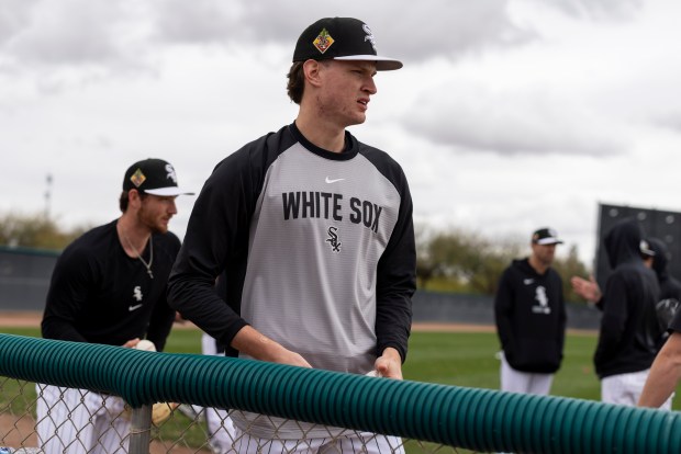 White Sox pitching prospect Noah Schultz finishes warming up during spring training at Camelback Ranch on Feb. 18, 2026, in Glendale, Ariz. (Eileen T. Meslar/Chicago Tribune)