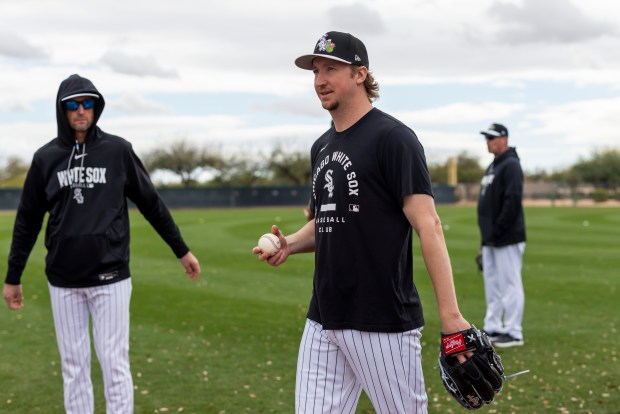 White Sox starter Erick Fedde finishes warming up during spring training at Camelback Ranch on Feb. 18, 2026, in Glendale, Ariz. (Eileen T. Meslar/Chicago Tribune)