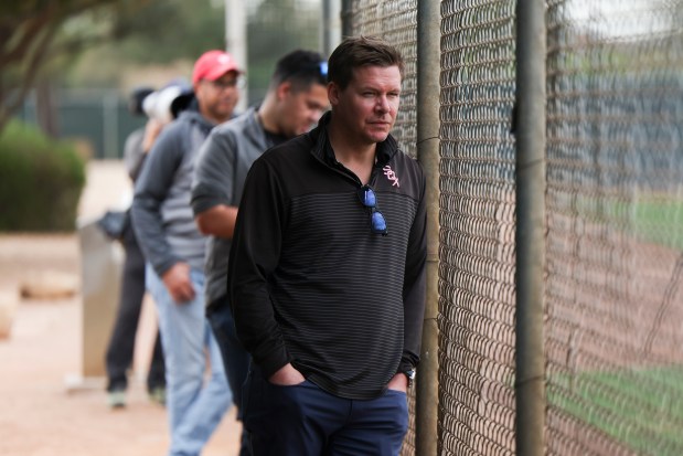 White Sox general manager Chris Getz watches live batting practice during spring training at Camelback Ranch on Monday, Feb. 16, 2026, in Glendale, Ariz. (Eileen T. Meslar/Chicago Tribune)