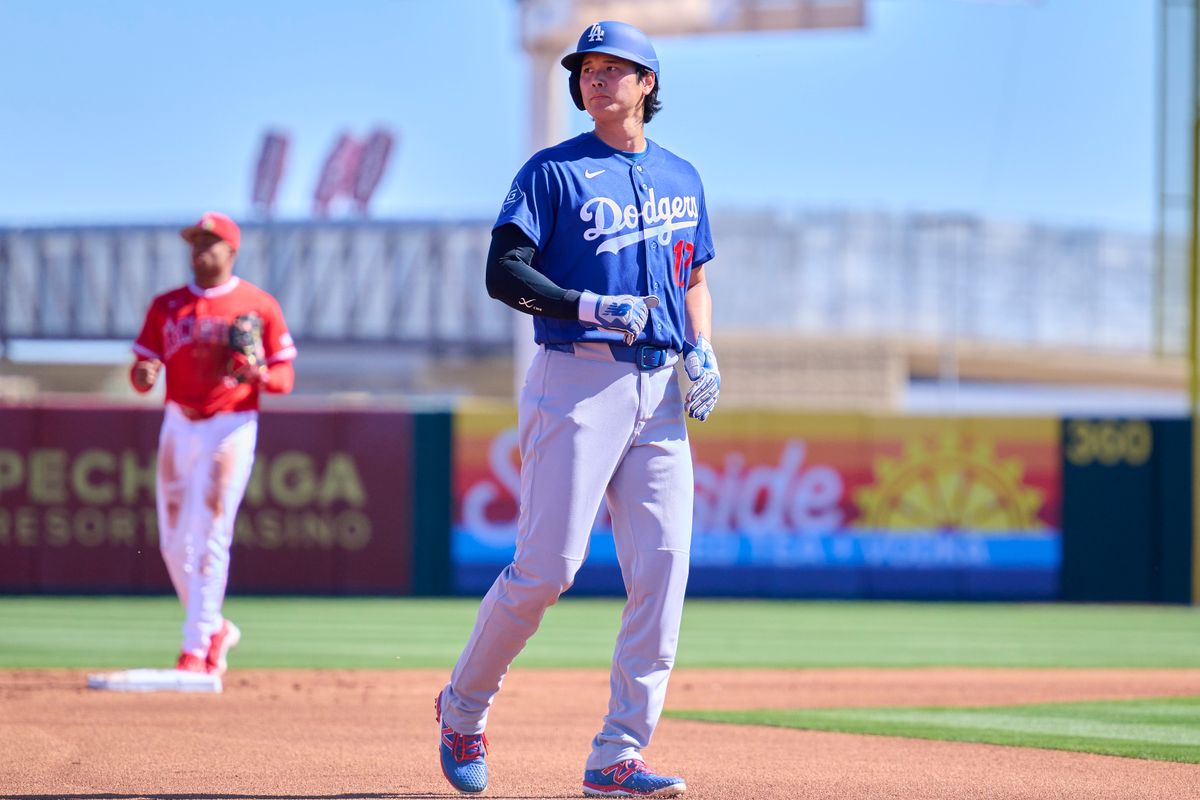 The Los Angeles Dodgers two way player Shohei Ohtani (17) on base against the Los Angeles Angels, February 21st, 2026 in Tempe Arizona.
