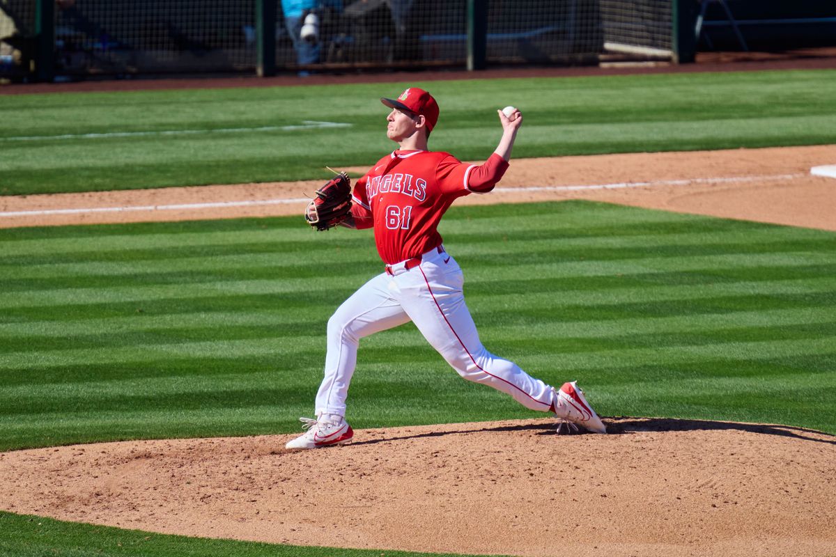 The Los Angeles Angels pitcher Sam Aldegheri (61) pitches against the Los Angeles Dodgers, February 21st, 2026 in Tempe Arizona.