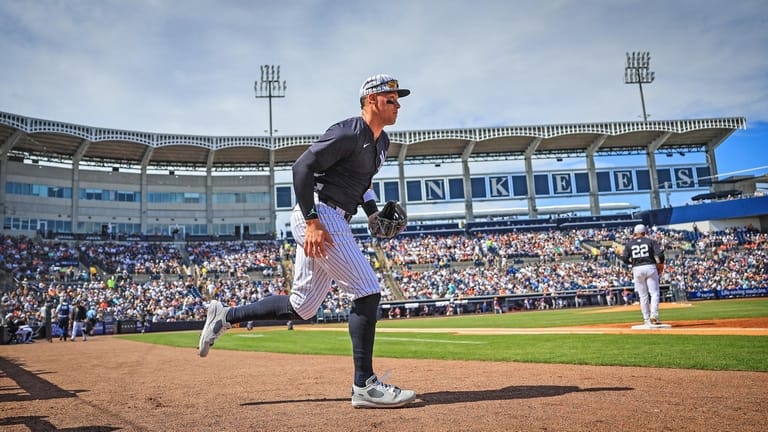 New York Yankees Aaron Judge takes the field during a...