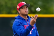 Texas Rangers minor league outfielder Braylin Morel participates in a fielding drill during...