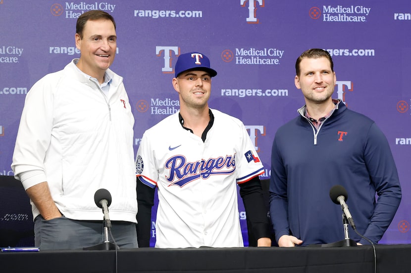 Newly acquired Texas Rangers starting pitcher MacKenzie Gore is introduced to the media by...