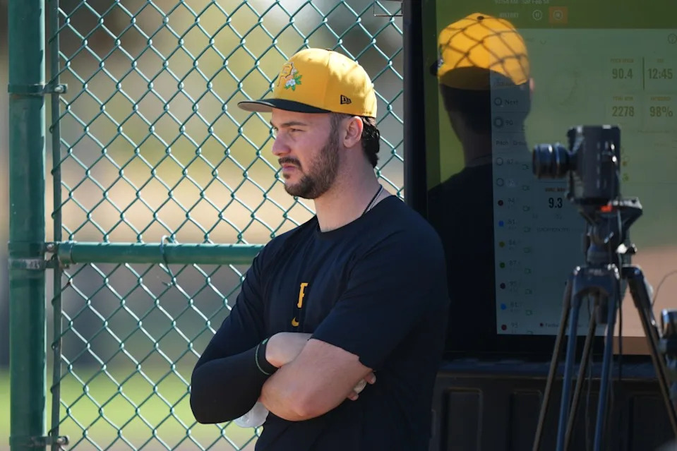 Pirates starter Paul Skenes watches workouts during a spring training practice on Feb. 14, 2026, in Bradenton, Fla. AP