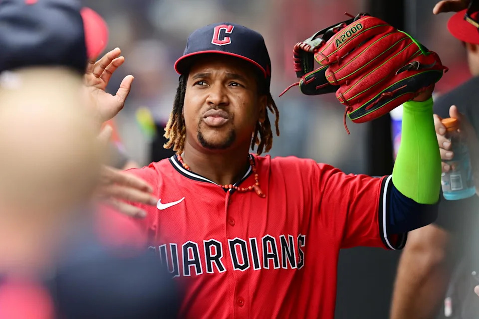 Jul 20, 2025; Cleveland, Ohio, USA; Cleveland Guardians third baseman Jose Ramirez (11) celebrates after a bare-handed play during the seventh inning against the Athletics at Progressive Field. Mandatory Credit: Ken Blaze-Imagn Images