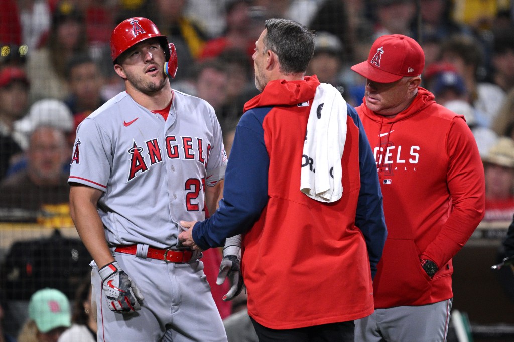 Baseball player Mike Trout of the Los Angeles Angels in a gray uniform talking to a coach on the field.