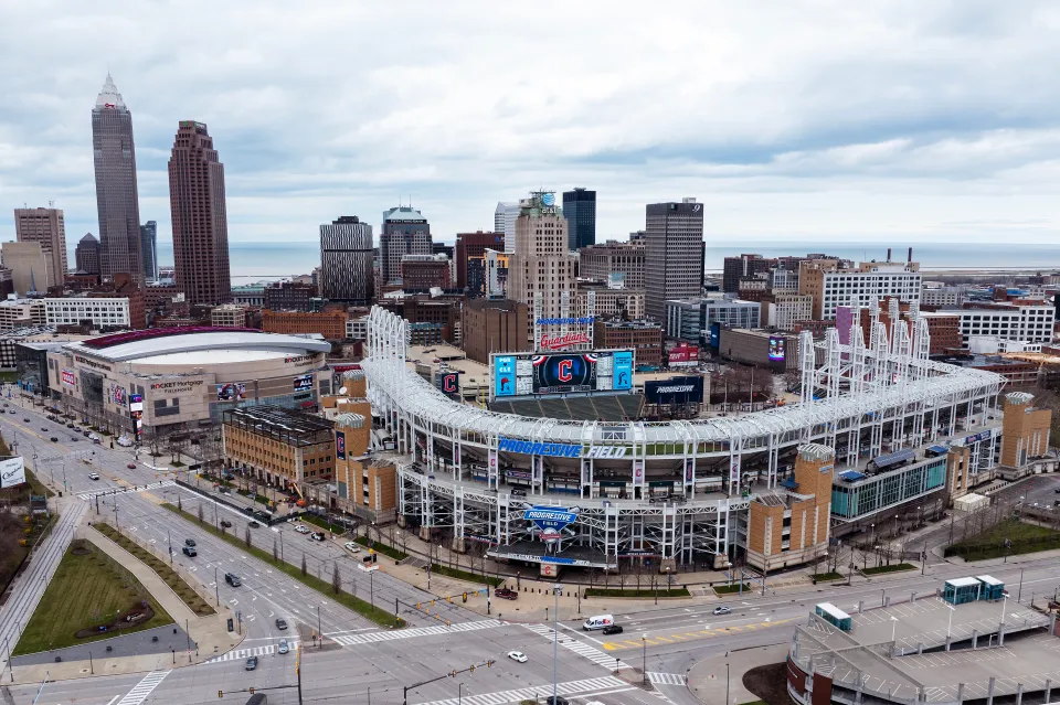 An aerial view of Progressive Field, home of the Cleveland Guardians and Rocket Arena, home of the Cleveland Cavaliers