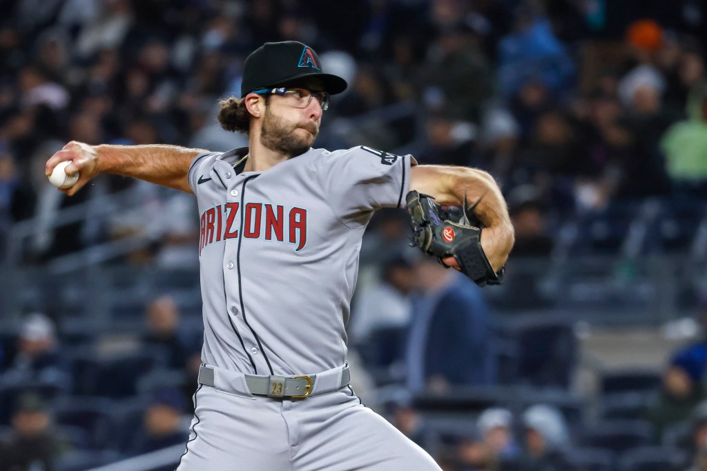 Arizona Diamondbacks pitcher Zac Gallen (23) throws in the eighth inning against the New York Yankees at Yankee Stadium, Wednesday, April 2, 2025, in Bronx, NY. 