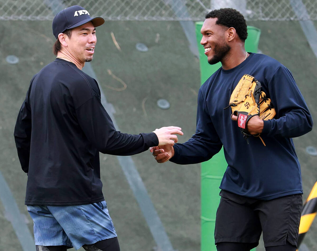Kenta Maeda (left) shakes hands with Contreras (photographer: Tsuneji Sakai)