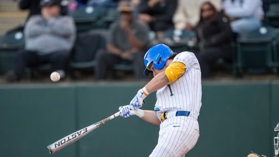 UCLA infielder, Roch Cholowsky (1) at bat, mid hit during a NCAA baseball game against UC San Diego on February 13, 2026 at Jackie Robinson Stadium in Los Angeles, CA.