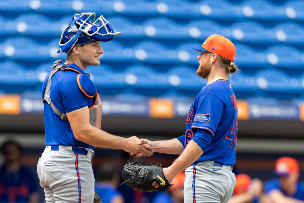 New York Mets Catcher Hayden Senger greets pitcher Craig Kimbrel during Spring Training at Clover Field, Wednesday, Feb. 18, 2026, in Port St. Lucie, FL.