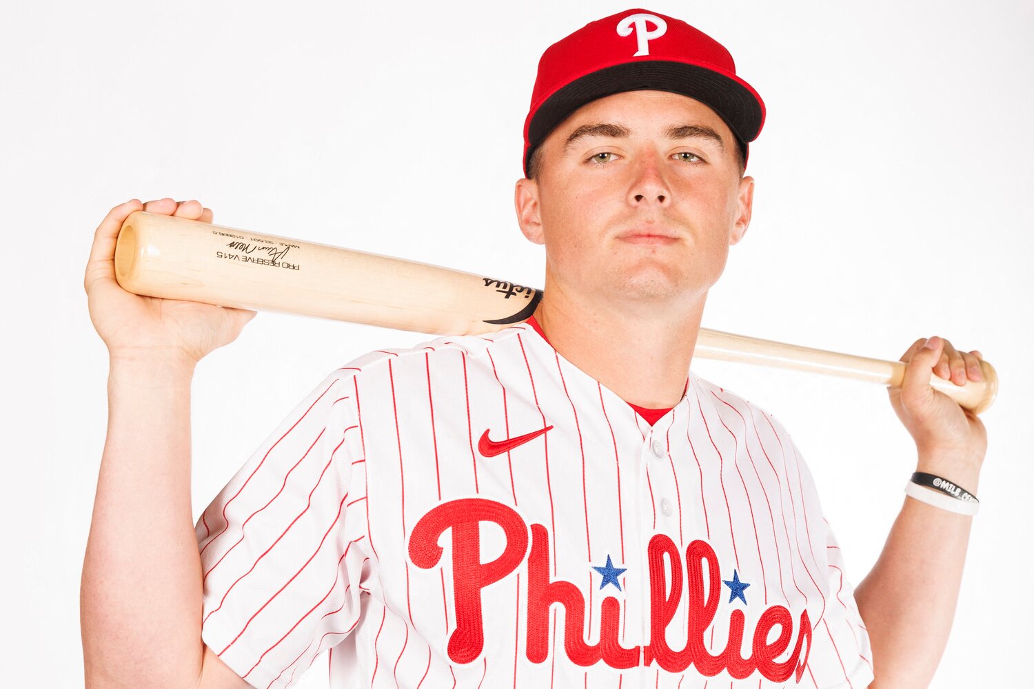 Philadelphia Phillies infielder Aidan Miller (81) poses for media day (cropped).