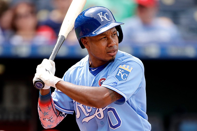 FILE - Kansas City Royals' Terrance Gore bats during the third inning of a baseball game Thursday, July 4, 2019, in Kansas City, Mo. (AP Photo/Charlie Riedel, File(