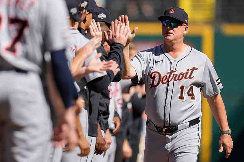 FILE - Detroit Tigers manager A.J. Hinch is introduced before Game 1 against the Cleveland Guardians in the American League Wild Card baseball playoff series in Cleveland, Sept. 30, 2025. (AP Photo/Sue Ogrocki, File)