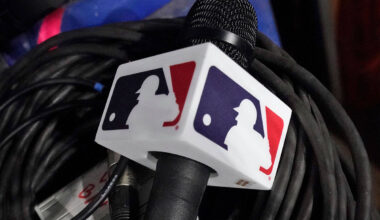 A microphone belonging to a field reporter for the San Diego Padres sits on top of audio cables ...