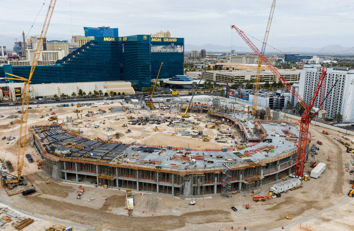 Construction continues on the Athletics ballpark at the former Tropicana site on the Strip on T ...