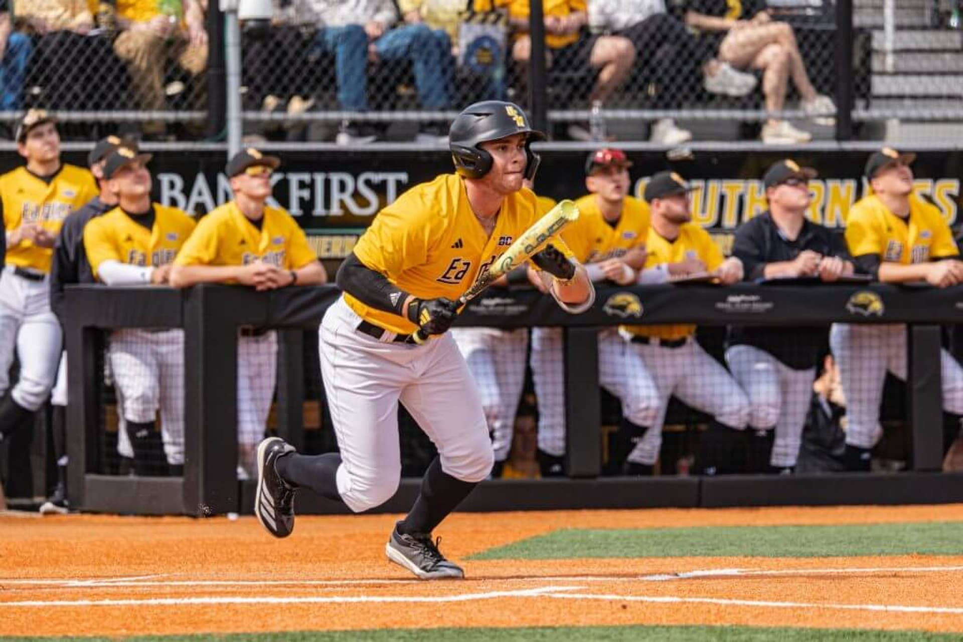 Southern Miss outfielder Joey Urban runs to first base.