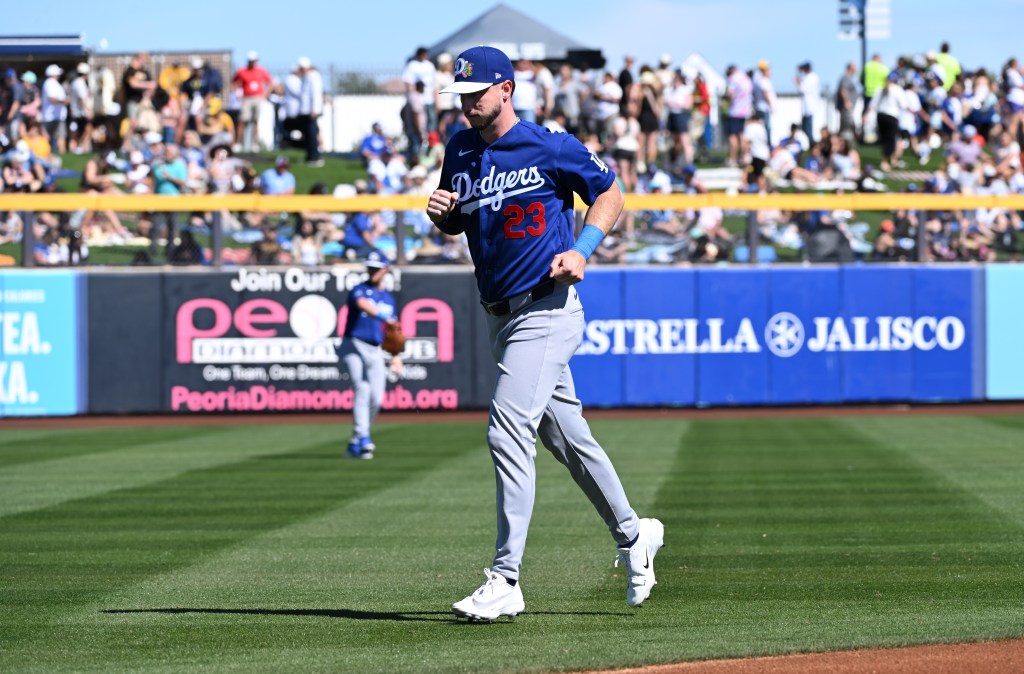 Kyle Tucker of the Los Angeles Dodgers warms up before a spring training game.