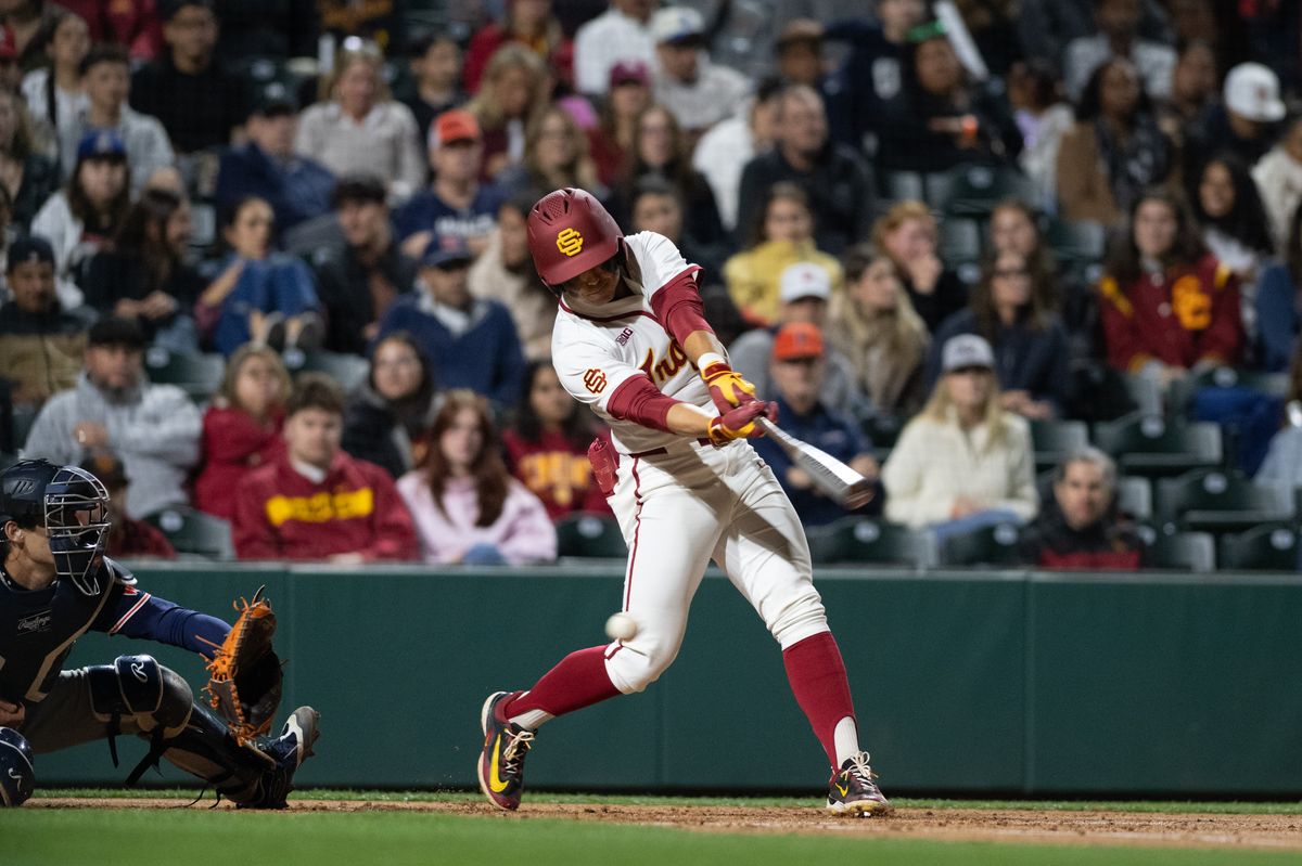 USC Trojan outfielder Kevin Takeuchi (8) swings and misses during an NCAA Men's baseball game between the USC Trojans and Pepperdine Wave Friday February 13,2026 at Dedeaux Field in Los Angeles Calif USC Trojan outfielder Kevin Takeuchi (8) swings and misses during an NCAA Men's baseball game between the USC Trojans and Pepperdine Wave Friday February 13,2026 at Dedeaux Field in Los Angeles Calif