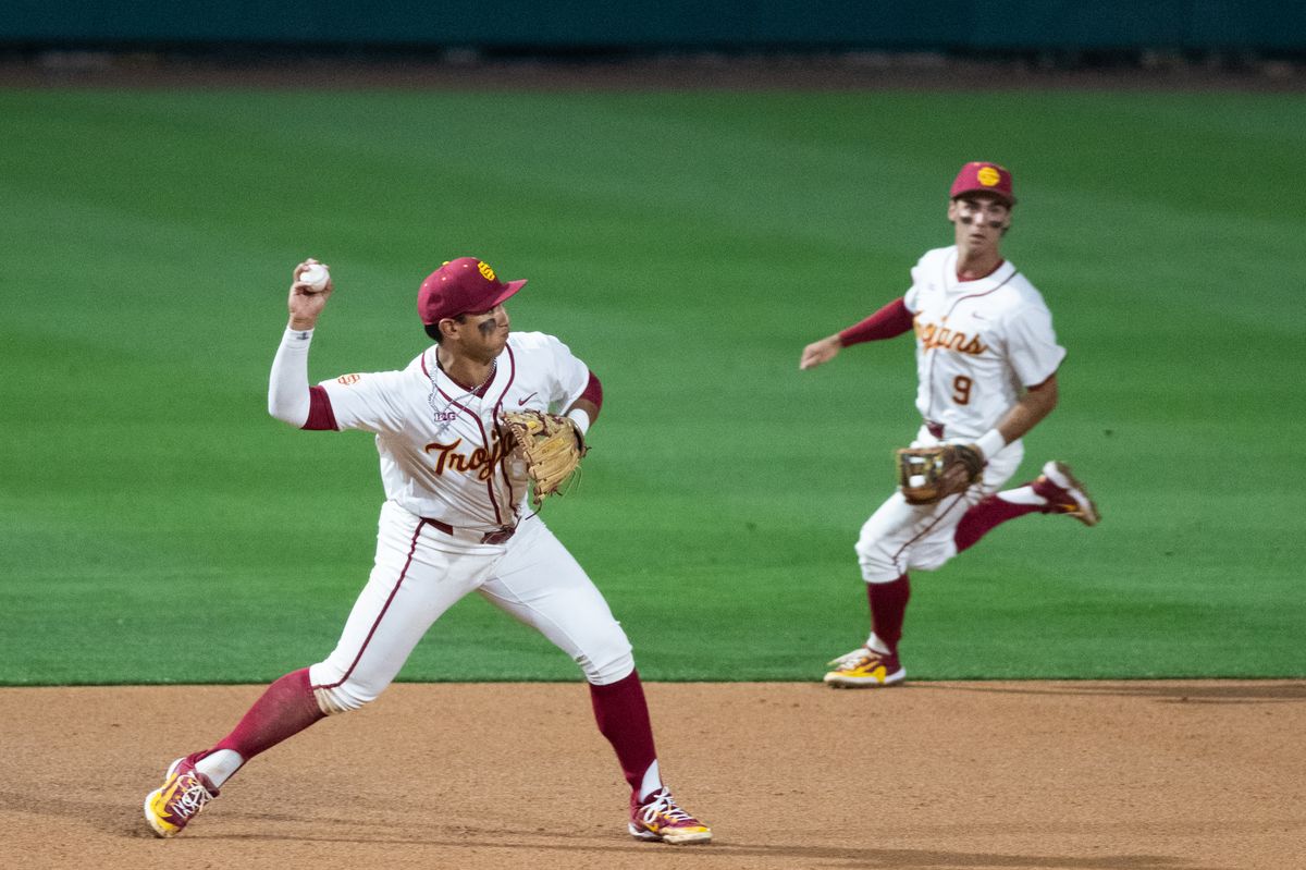 USC Trojan infielder Adrian Lopez (5) throws the ball to second base for an out during an NCAA Men's baseball game between the USC Trojans and Pepperdine Wave Friday February 13,2026 at Dedeaux Field in Los Angeles Calif USC Trojan infielder Adrian Lopez (5) throws the ball to second base for an out during an NCAA Men's baseball game between the USC Trojans and Pepperdine Wave Friday February 13,2026 at Dedeaux Field in Los Angeles Calif